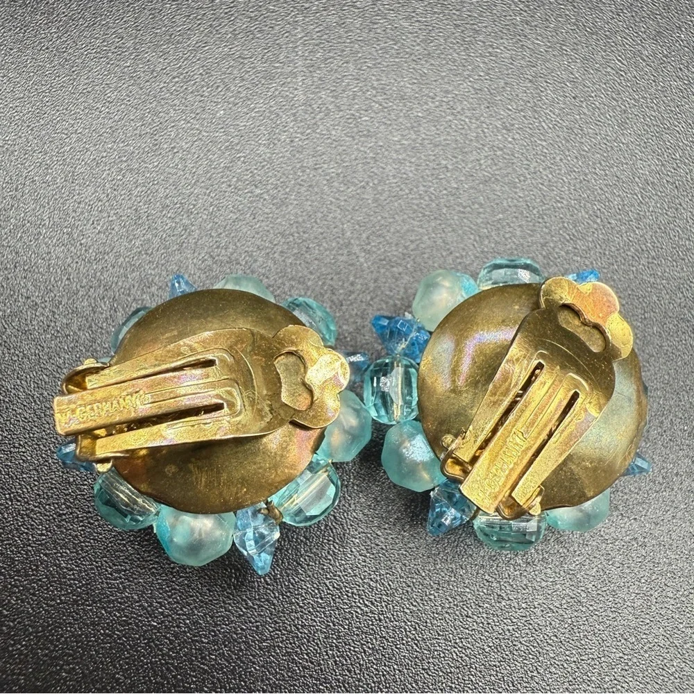 Vintage West Germany Signed 1950s Blue Cluster Earrings - Clip On